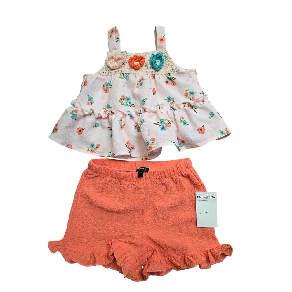 NWT Zunie 2T 2 Pc. Set Floral Top w/ Embroidered Flowers and Ruffle Trim Shorts